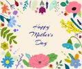 Mothers day text in frame of spring colorful flowers vector illustration. Happy Mothers day greeting card, template Royalty Free Stock Photo