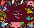 Mothers day text in frame of spring colorful flowers vector illustration. Happy Mothers day greeting card, template Royalty Free Stock Photo