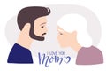 Mothers day vector illustration. I love you mom. Elderly woman with gray hair and wrinkles and her adult son. Caucasian Portraits