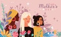 Mothers day. Women portraits with bouquets flowers, spring and love inspiration cartoon poster, multinational beautiful