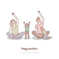 Mothers doing yoga with kids, moms and children practicing pilates, exercising, meditating in lotus pose banner template