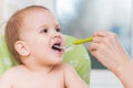 Mothers feeding the baby with cottage cheese