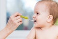 Mothers feeding the baby with cottage cheese