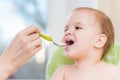 Mothers feeding the baby with cottage cheese