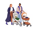 Mothers friends with babies in prams, strolling together, talking. Happy moms and infants, newborns children sleeping in