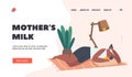 Mothers Milk Landing Page Template. Breastfeeding, Lactation, Maternity, Young Happy Female Character Feeding Baby