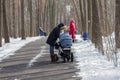 Mothers with strollers on a walk in the park in the winter Royalty Free Stock Photo