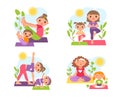 Mothers yoga with kids. Mom, son, daughter do gymnastics. Outdoor sport with parents and children. Park family training Royalty Free Stock Photo