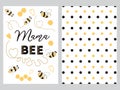 Mothes day banner design text Mama bee decorated bee heart honey sweet Plka Dot background set