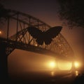 Mothman\'s Haunting Flight: Enigmatic Figure Soaring Over Nighttime Bridge