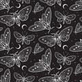 Moths and butterflies over sky with crescent moon and stars seamless pattern hand drawn line art gothic design set isolated vector Royalty Free Stock Photo