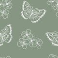 Moths, butterfly and grass seamless pattern. Hand-painted texture with Botanical elements: plants, flowers, grass, berries, fern,