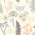 Moths, butterfly and grass seamless pattern. Hand-painted texture with Botanical elements: plants, flowers, grass, berries, fern,