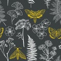 Moths, butterfly and grass seamless pattern. Hand-painted texture with Botanical elements: plants, flowers, grass, berries, fern,