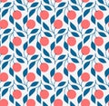 Motif of peach on branch with blue teal leaves in a wavy repeat. Retro style vector pattern