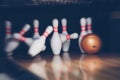 Motion blur of bowling ball skittles on the playing field