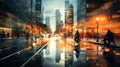 Motion blur of man riding bike in City with beautiful raining street and light reflection