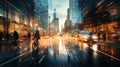 Motion blur of man riding bike in City with beautiful raining street and light reflection