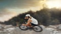 Motion blur of mountain bike man, action and bicycle speed adventure, freedom and fast race in nature course outdoors Royalty Free Stock Photo