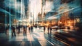 Motion blur of people crossing city road, cars and public transport stopped at traffic light. Royalty Free Stock Photo