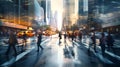 Motion blur of people crossing city road, cars and public transport stopped at traffic light.