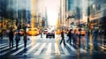 Motion blur of people crossing city road, cars and public transport stopped at traffic light. Royalty Free Stock Photo