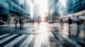 Motion blur of people crossing city road, cars and public transport stopped at traffic light. Royalty Free Stock Photo