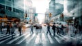 Motion blur of people crossing city road, cars and public transport stopped at traffic light. Royalty Free Stock Photo