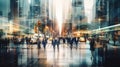 Motion blur of people crossing city road, cars and public transport stopped at traffic light. Royalty Free Stock Photo