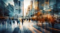 Motion blur of people crossing city road, cars and public transport stopped at traffic light.