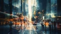 Motion blur of people crossing city road, cars and public transport stopped at traffic light. Royalty Free Stock Photo