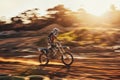 Motion blur, race and man on dirt bike with adventure, adrenaline and speed in competition, Extreme sport, dust path and Royalty Free Stock Photo