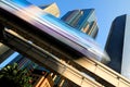 Motion blur of a skytrain speeding through a modern business district.