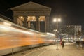 Motion blur of tram and porta Ticinese at Xmas time, Milan, Ital