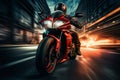 Motion blurred highway ride, biker on red motorcycle captivates in frontal perspective Royalty Free Stock Photo