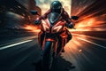 Motion blurred highway ride, biker on red motorcycle captivates in frontal perspective Royalty Free Stock Photo