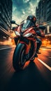 Motion blurred highway ride, biker on red motorcycle captivates in frontal perspective Royalty Free Stock Photo