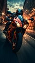 Motion blurred highway ride, biker on red motorcycle captivates in frontal perspective Royalty Free Stock Photo