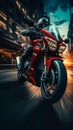 Motion blurred highway ride, biker on red motorcycle captivates in frontal perspective Royalty Free Stock Photo