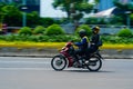 Motion Blurred panning photo of moving motorcycle on the thr street. Jakarta, Indonesia. April 20, 2023.