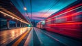 Motion Blurred Red Train Leaving Station Platform A BokehEnhanced View of Urban Transportation in Action Royalty Free Stock Photo