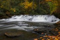 Motion-blurred water of Dingmans Creek surrounded by fall color
