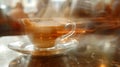 A motion blurry glass cup of coffee on a table with steam coming out, AI Royalty Free Stock Photo