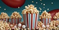 red cinema blue popcorn film background corn white bucket box food. Generative AI. Royalty Free Stock Photo