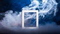 Motion explosion white smoke with white frame on blue background. Fluid splash vapor cloud Royalty Free Stock Photo
