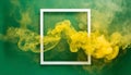 Motion explosion yellow smoke with white frame on green background. Fluid splash vapor cloud Royalty Free Stock Photo