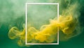 Motion explosion yellow smoke with white frame on green background. Fluid splash vapor cloud Royalty Free Stock Photo