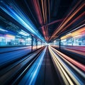 Motion light trails on an MRT track, a high-speed abstract.