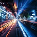 Motion light trails on an MRT track, a high-speed abstract.