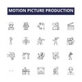 Motion picture production line vector icons and signs. Production, Camera, Directing, Editing, Lighting, Sound, Visuals